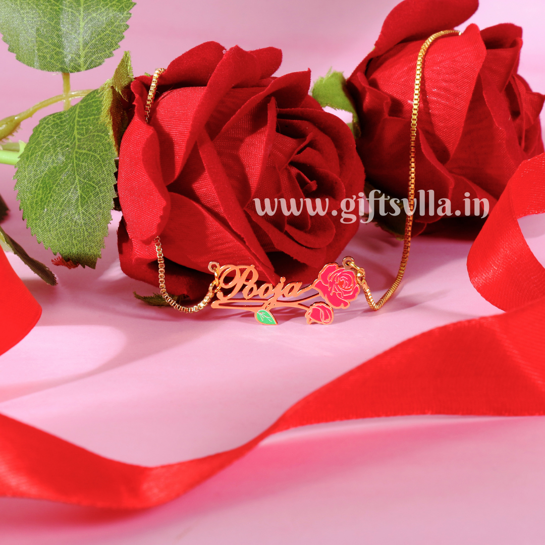 Enamel name necklace with Rose