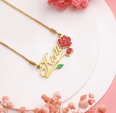 Enamel name necklace with Rose