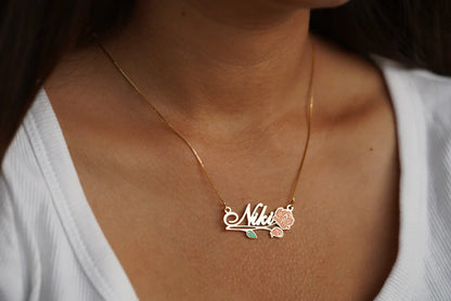 Enamel name necklace with Rose