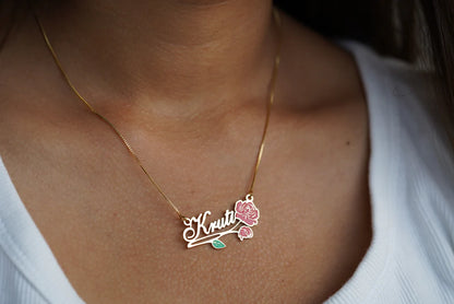 Enamel name necklace with Rose