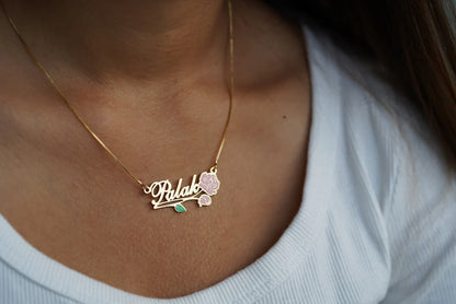 Enamel name necklace with Rose