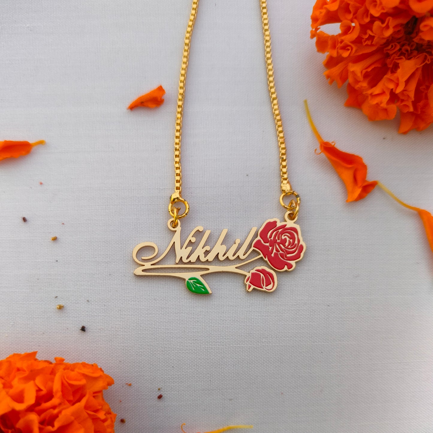 Enamel name necklace with Rose