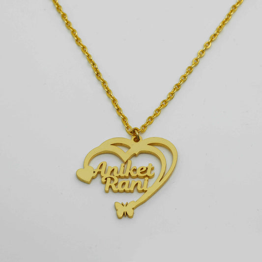Double Heart With Butterfly Name Necklace